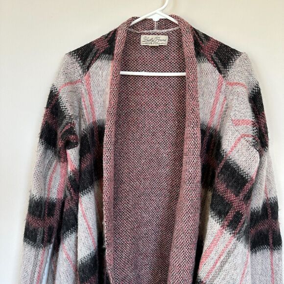 LUCKY BRAND Women MEDIUM Pink Wool Mohair Blend Brush Plaid Open Front Cardigan - Picture 3 of 14